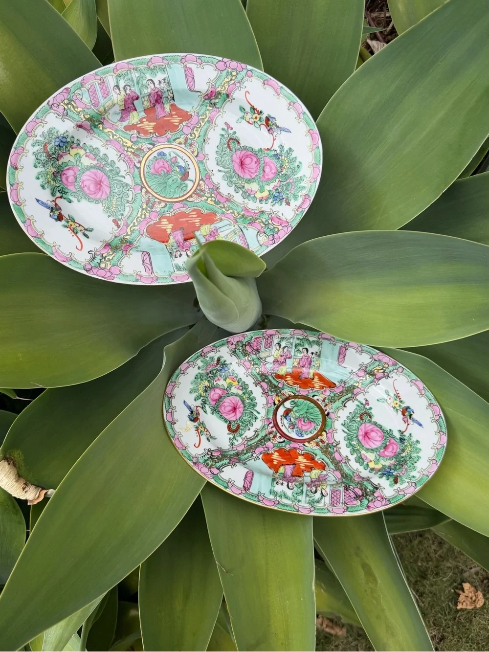 Vintage Pair of Famille Rose Medallion oval platters 13” x 9.5”